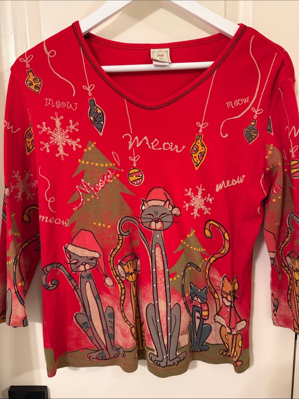 Red Holiday Cat Print Long Sleeve Tee